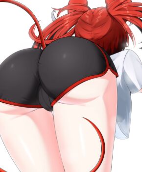 1girl absurdres animal_ears ass ass_focus bent_over black_hair black_shorts breasts cameltoe colored_tips commentary dolphin_shorts english_commentary facing_away from_behind hakos_baelz highres hololive hololive_english legs_together long_hair medium_breasts mouse_ears mouse_girl mouse_tail multicolored_hair nipples nobarts red_hair shirt short_shorts shorts simple_background solo streaked_hair t-shirt tail thighs twintails virtual_youtuber white_background white_hair white_shirt