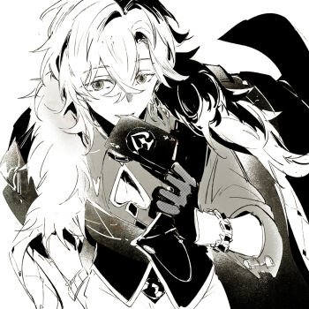1boy aventurine_(honkai:_star_rail) card coat fur_trim greyscale hair_between_eyes honkai:_star_rail honkai_(series) looking_at_viewer male_focus mississipping monochrome short_hair simple_background upper_body white_background