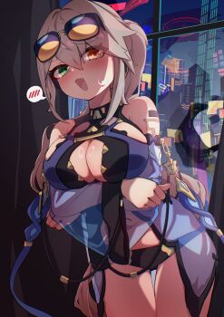 1girl absurdres arms_under_breasts bare_shoulders baretta_(world_flipper) black_panties breasts brown_hair c_civciv character_request cleavage cowboy_shot eyewear_on_head green_eyes heterochromia high_ponytail highres large_breasts orange_eyes panties ponytail reflection revealing_clothes solo spoken_blush sunglasses underwear window world_flipper