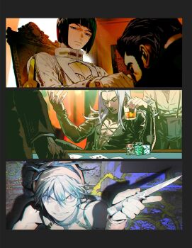 6+boys black_hair bob_cut bruno_bucciarati card center_cross_lace cleavage_cutout clenched_teeth clothing_cutout column_lineup cup glaring highres holding holding_cup holding_knife jacket jojo_no_kimyou_na_bouken kiss kissing_hand knife leone_abbacchio male_focus multiple_boys narancia_ghirga playing_card poker_chip purple_hair red_eyes shishio_(shishio5431) split_screen teeth vento_aureo white_jacket zipper