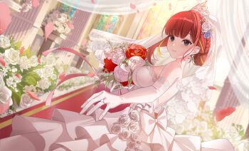 1girl absurdres akane_lize alternate_hairstyle blue_flower blue_rose bouquet bow braid breasts bridal_veil closed_mouth commentary_request cross cross_earrings crown_braid dress dress_bow dress_flower dutch_angle earrings elbow_gloves falling_petals flower from_side glint gloves grey_eyes hair_bun hair_flower hair_ornament highres holding holding_bouquet indoors jewelry korean_commentary large_breasts layered_dress looking_at_viewer looking_to_the_side mole mole_under_eye multicolored_hair parted_bangs petals red_flower red_hair red_rose ring rose single_hair_bun smile solo spike_piercing stellive strapless strapless_dress streaked_hair tiara turning_head veil virtual_youtuber wedding white_bow white_dress white_flower white_gloves white_rose white_veil yt9676