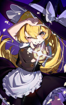 1girl :d ;d absurdres aiming aiming_at_viewer apron arm_up black_hat black_skirt black_vest blonde_hair blurry blush bow braid bright_pupils buttons chinese_commentary commentary_request depth_of_field dongyang_kissoml double-breasted fang floating_clothes floating_hair frilled_apron frilled_skirt frills grin hair_between_eyes hat hat_bow highres holding attacking_viewer index_finger_raised kirisame_marisa light_particles long_hair looking_at_viewer mini-hakkero one_eye_closed open_mouth outstretched_arm pointing pointing_at_viewer purple_background shirt short_sleeves simple_background single_braid skirt smile smug solo touhou v-shaped_eyebrows very_long_hair vest white_apron white_bow white_pupils white_shirt witch_hat yellow_eyes