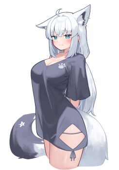 1girl :3 absurdres ahoge animal_ear_fluff animal_ear_piercing animal_ears aqua_eyes arms_behind_back black_shirt blush breasts cleavage closed_mouth commentary_request deaver extra_ears fox_ears fox_girl fox_tail highres hololive large_breasts long_hair official_alternate_costume paw_print see-through_silhouette shirakami_fubuki shirakami_fubuki_(loungewear) shirt short_sleeves one_ear_down smile solo tail thighs virtual_youtuber white_hair
