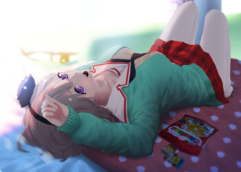 1girl absurdres candy eating food hairband heaven_burns_red highres lying minase_sumomo on_back school_uniform snack utsusemi_(parutyi)