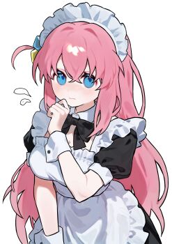 1girl absurdres apron black_dress blue_eyes bocchi_the_rock! closed_mouth dress gotoh_hitori hair_ornament haru_(ririne9999rine) highres long_hair maid maid_headdress pink_hair simple_background solo white_apron white_background white_wrist_cuffs wrist_cuffs