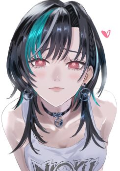 absurdres aqua_streaks black_choker black_hair blush choker closed_mouth dhbwinner earrings grey_streaks heart heart-shaped_pupils highres hololive hololive_dev_is jewelry leaning_forward looking_at_viewer mole mole_on_neck pink_eyes rindo_chihaya shirt symbol-shaped_pupils virtual_youtuber white_shirt