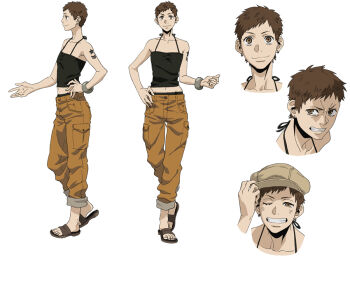 Rule 34 | 1girl, :3, adjusting clothes, adjusting headwear, angry, arm tattoo, artist request, black tank top, brown eyes, brown hair, brown hat, brown pants, brown sandals, closed mouth, collarbone, constance raveau, gangsta, grey bracelet, grin, hand on headwear, hand on own hip, hat, midriff, multiple views, navel, official art, one eye closed, pants, reference sheet, sandals, scowl, short hair, simple background, smile, standing, star (symbol), star tattoo, tank top, tattoo, teeth, third-party source, v-shaped eyebrows, very short hair, white background