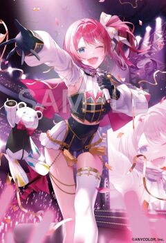 1girl :d ;d alicecoco black_gloves blue_eyes blurry breasts commentary_request company_name concert confetti copyright_notice depth_of_field detached_sleeves gloves glowstick gold_trim holding holding_microphone idol_clothes kuramochi_meruto medium_breasts microphone nijisanji nijisanji_idol_uniform official_alternate_costume official_art one_eye_closed open_mouth penlight_(glowstick) pink_hair sample_watermark shorts side_ponytail single_thighhigh smile solo streamers teeth thighhighs tongue upper_teeth_only virtual_youtuber watermark white_sleeves white_thighhighs