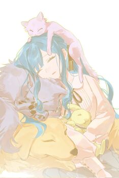 Rule 34 | 1girl, animal, animal on head, animal on lap, animalization, bang dream!, bang dream! it's mygo!!!!!, blue hair, buttons, cat, cat on head, closed eyes, collared shirt, commentary, dog, grey skirt, hair ribbon, head rest, highres, long hair, long sleeves, loose hair strand, lower body, lu bian de yecao zai changge, misumi uika, on head, on lap, open mouth, outline, plaid clothes, plaid skirt, rabbit, ribbon, shirt, sidelocks, skirt, sleeping, togawa sakiko, untranslatable commentary, wakaba mutsumi, white background, wolf, yahata umiri, yellow outline, yuutenji nyamu