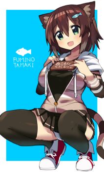 Rule 34 | 1girl, :d, animal ear fluff, animal ears, animal hair ornament, aqua eyes, black skirt, black thighhighs, breasts, brown hair, cat ears, cat girl, cat tail, character name, collarbone, commentary request, drawstring, fang, fish hair ornament, fumino tamaki, fumino tamaki (1st costume), hair between eyes, hair ornament, highres, hood, hood down, hoodie, medium breasts, microskirt, nijisanji, open mouth, panties, pantyshot, pleated skirt, revision, sakaki (utigi), shoes, short hair, skirt, smile, solo, squatting, striped clothes, striped hoodie, striped skirt, tail, thighhighs, tiptoes, underwear, virtual youtuber, white panties