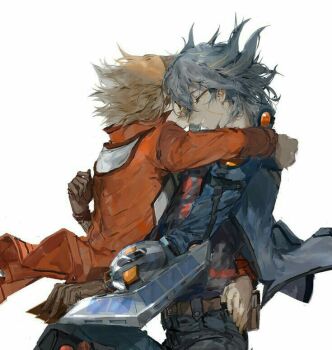 Rule 34 | 2boys, arm around shoulder, arm around waist, arm behind back, belt, belt pouch, black hair, black shirt, blue coat, brown belt, brown gloves, brown hair, card, coat, cowboy shot, denim, duel disk, facing another, fudo yusei, gloves, hair slicked back, heads together, holding, holding card, hug, jeans, leaning on person, looking at another, male focus, momentcorefly, multiple boys, open clothes, open coat, pants, popped collar, pouch, red coat, shirt, spiked hair, third-party source, white background, yu-gi-oh!, yu-gi-oh! 5d's, yu-gi-oh! gx, yuki judai