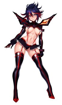 1girl black_gloves black_hair black_thighhighs bodysuit boots breasts full_body gloves grey_hair hair_between_eyes highres kill_la_kill large_breasts looking_at_viewer matoi_ryuuko multicolored_hair navel red_hair short_hair simple_background skin_tight solo stomach thigh_boots thighhighs two-tone_hair volyz white_background