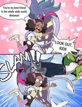 1other 2girls absurdres beak brown_hair commentary dark-skinned_female dark_skin drop_kick english_commentary english_text flying_kick gen_6_pokemon green_jacket harmony_(pokemon) hat highres jacket juno_son kicking malamar multiple_girls nintendo open_clothes open_jacket open_mouth pants pokemon pokemon_(creature) pokemon_legends:_z-a pokemon_xy schoolgirl_(pokemon) shirt shoes short_hair speech_bubble squid tentacles white_hat white_shirt yellow_eyes