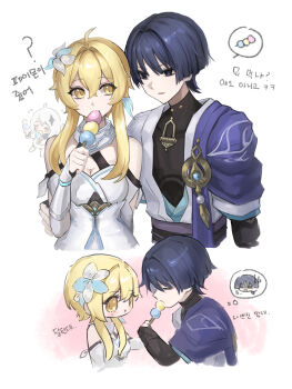 1boy 2girls absurdres ahoge arm_behind_back arm_cutout armor bare_shoulders black_bodysuit black_bridal_gauntlets black_eyes black_hair blonde_hair blue_feathers blue_flower blue_gemstone blue_kimono blue_trim blunt_ends blush_stickers bodysuit breasts bridal_gauntlets cape cleavage clenched_hand closed_eyes clothing_cutout covered_collarbone dango detached_sleeves dress eating empty_eyes eyelashes facing_another feather_hair_ornament feathers flower food gem genshin_impact gold hair_between_eyes hair_flower hair_intakes hair_ornament halterneck hand_on_another&#039;s_hip hand_up hetero highres holding holding_food japanese_armor japanese_clothes juban kimono korean_text kote kurokote lumine_(genshin_impact) medium_breasts multicolored_flower multiple_girls open_clothes open_kimono paimon_(genshin_impact) parted_lips pom_pom_(clothes) purple_cape sanshoku_dango scaramouche_(genshin_impact) scarf shaded_face sharing_food short_hair short_hair_with_long_locks sidelocks sideways_glance spoken_character spoken_food sweatdrop talking_ok tareme translation_request turtleneck turtleneck_bodysuit vambraces wagashi wanderer_(genshin_impact) white_background white_dress white_flower white_kimono white_scarf white_sleeves white_trim wispy_bangs yellow_eyes yellow_feathers