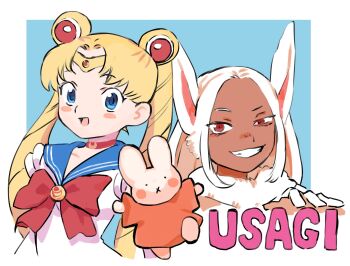2girls :d animal_ears bishoujo_senshi_sailor_moon blonde_hair blue_eyes blue_sailor_collar blush_stickers boku_no_hero_academia bow choker circlet crescent_choker crossover dark-skinned_female dark_skin double_bun female_focus gan2 gloves grin hair_bun highres long_hair magical_girl miffy miffy_(character) mirko multiple_girls name_connection open_mouth rabbit_ears rabbit_girl red_bow red_choker red_eyes sailor_collar sailor_moon sailor_senshi_uniform smile teeth trait_connection tsukino_usagi twintails uneven_eyes white_gloves white_hair