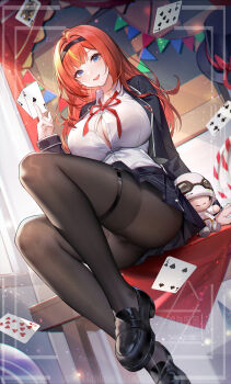 1girl absurdres ace_(playing_card) ace_of_clubs adjutant_(snowbreak) ahoge arm_support black_hairband black_hat black_jacket black_pantyhose black_shoes black_skirt blue_eyes blunt_bangs blush bra_visible_through_clothes breasts button_gap card character_doll chinese_commentary cleavage club_(shape) collared_shirt commentary_request doll dutch_angle hairband hand_up hat hat_ribbon highres indoors jacket knee_up large_breasts legs light_particles loafers long_hair long_sleeves looking_at_viewer miniskirt multicolored_hair neck_ribbon on_table open_clothes open_jacket open_mouth orange_hair orange_ribbon pantyhose playing_card pleated_skirt q18607 queen_(playing_card) ribbon shirt shoes sitting sitting_on_table skirt sleeves_past_wrists smile snowbreak:_containment_zone solo streaked_hair table teeth tess_kotkin thigh_strap thighs top_hat upper_teeth_only very_long_hair watermark white_shirt white_trim window
