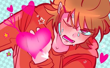 1boy alien_stage animification bandage_on_face bandages blush brown_hair checkered_background colorful commentary derivative_work eddsworld hair_ears hashtag-only_commentary heart heart-shaped_pupils highres hood hood_down hoodie long_sleeves looking_at_viewer male_focus one_eye_closed parody peluituap red_hoodie short_hair solo sweat symbol-shaped_pupils tord_(eddsworld)