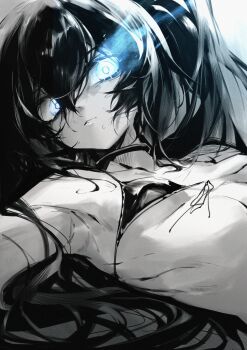 1girl absurdres armpits bikini black_rock_shooter black_rock_shooter_(character) blue_eyes breasts chinese_commentary close-up commentary_request flaming_eye glowing glowing_eye greyscale hair_between_eyes highres long_hair looking_at_viewer lying monochrome on_back parted_lips shanyao_jiang_tororo small_breasts solo spot_color swimsuit turning_head upper_body