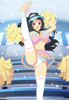 1girl :d ayame_(senran_kagura) bleachers breasts brown_hair cheering cheerleader cleavage confetti crop_top frilled_panties frills game_cg hair_ribbon high_kick high_ponytail holding holding_pom_poms kicking large_breasts long_hair looking_at_viewer midriff miniskirt navel official_alternate_costume official_alternate_hairstyle official_art open_mouth panties pantyshot pom_pom_(cheerleading) pom_poms ponytail red_eyes red_ribbon ribbon senran_kagura senran_kagura_new_wave shoes skirt smile sneakers solo underboob underwear visor_cap white_panties
