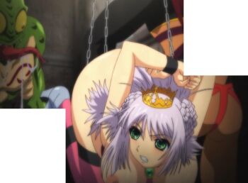 Rule 34 | 1girl, angry, anime screenshot, ass, bdsm, bondage, bound, breasts, catue dragundaala, chain, demon, drooling, glaring, green eyes, large breasts, lizard, monster, nipples, nude, princess knight catue, purple hair, stitched, third-party edit, yellow eyes
