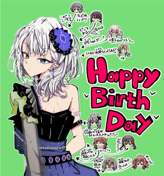 Rule 34 | 1girl, bang dream!, bang dream! girls band party!, bang dream! it's mygo!!!!!, blue dress, blue eyes, chihaya anon, commentary, dress, earclip, earrings, green background, hanazono tae, happy birthday, heterochromia, imai lisa, jewelry, kaname raana, medium hair, minato yukina, mygo!!!!! (bang dream!), nagasaki soyo, ryu minbs, shiina taki, simple background, single sleeve, takamatsu tomori, toyama kasumi, translation request, upper body, white hair, yamato maya, yellow eyes