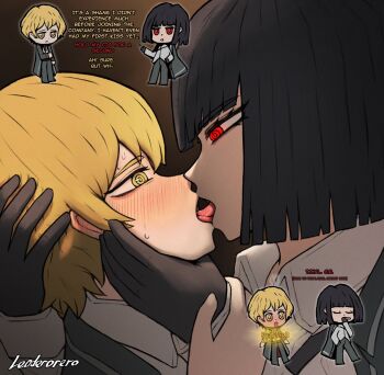 1boy 1girl artist_name black_gloves black_hair black_jacket blonde_hair blush bob_cut chibi cigarette closed_eyes collared_shirt commentary english_commentary english_text french_kiss from_side gloves hetero highres holding holding_cigarette jacket kiss leoderorero limbus_company long_sleeves necktie pants project_moon red_eyes red_necktie ringed_eyes ryoshu_(project_moon) saliva shirt short_hair sinclair_(project_moon) smoke sweat tongue tongue_out white_shirt yellow_eyes