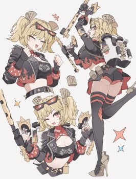 Rule 34 | 1girl, absurdres, ass, belt, black belt, black jacket, black shorts, black skirt, blonde hair, breasts, burnice white, cleavage, closed eyes, cowboy shot, eyewear on head, flamethrower, full body, hair between eyes, highres, holding, holding flamethrower, holding weapon, jacket, large breasts, long hair, midriff, multiple views, one eye closed, open mouth, origami gyokuo, red-tinted eyewear, red eyes, shorts, sidelocks, simple background, skirt, sparkle, spiked belt, sunglasses, tinted eyewear, upper body, weapon, zenless zone zero