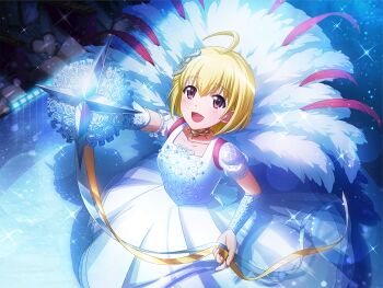 1girl ahoge audience blonde_hair blush bouquet collar collarbone dress flower game_cg hair_ornament holding holding_bouquet looking_at_viewer official_art open_mouth otori_michiru purple_eyes see-through_clothes see-through_sleeves shadow short_sleeves shoujo_kageki_revue_starlight shoujo_kageki_revue_starlight_-re_live- stage stage_lights standing upper_body white_dress wrist_guards