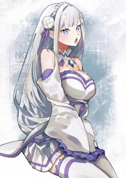 1girl blue_pupils braid breasts commentary_request crown_braid dress emilia_(re:zero) hair_intakes highres large_breasts long_hair loose_hair_strand open_mouth purple_eyes re:zero_kara_hajimeru_isekai_seikatsu sidelocks sitting skrmy_rs solo sparkle teeth thighhighs upper_teeth_only very_long_hair watermark white_hair
