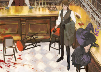 1boy 1girl ascot bare_back bartender black_dress black_pants black_vest blood blood_on_ground brown_hair cup dress drinking_glass expressionless genderswap genderswap_(mtf) gun gundam gundam_00 handgun hat holding holding_jacket holding_unworn_clothes huangdanlan indoors jacket lockon_stratos pants shot_glass stool tieria_erde unworn_jacket vest weapon white_ascot witch_hat