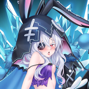 1girl animal_hood black_hood blush breasts cirnos colored_eyelashes cum cum_in_mouth cum_on_body cum_on_tongue dakimakura_(medium) date_a_live eyepatch facial heart heart-shaped_pupils himekawa_yoshino himekawa_yoshino_(inverse) hood long_hair looking_at_viewer nipples petite rabbit_hood red_eyes small_breasts solo symbol-shaped_pupils white_hair