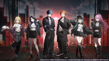 2boys 4girls :d aoyagi_touya aqua_eyes aqua_hair aqua_nails arm_at_side arm_under_breasts azusawa_kohane bag baseball_cap belt belt_collar black_bag black_belt black_boots black_hair black_hat black_jacket black_pants black_ribbon black_shoes black_shorts black_skirt black_socks blonde_hair blonde_streaks blue_hair blue_nails boots braid breasts brown_eyes brown_jacket brown_ribbon building chain chain_necklace closed_mouth collar collarbone collared_jacket commentary_request copyright_notice drawstring earrings fanny_pack fishnet_skirt full_body gradient_hair grey_eyes grey_shirt grey_tank_top grin guest_art hair_between_eyes hair_ribbon hand_in_pocket hand_on_headwear hand_on_own_arm hand_up handbag hat hatsune_miku highres holding holding_bag holding_unworn_clothes holding_unworn_hat hood hood_down hooded_jacket jacket jewelry kneehighs lace-up_boots lapels large_breasts long_hair long_sleeves looking_at_viewer loose_socks medium_breasts megurine_luka midriff midriff_peek miniskirt mole mole_under_eye multicolored_hair multiple_boys multiple_girls multiple_rings nail_polish navel neck_ribbon necklace notched_lapels off_shoulder official_alternate_costume official_alternate_hairstyle official_art open_clothes open_jacket open_mouth orange_eyes orange_hair pants parted_bangs pink_hair pleated_skirt ponytail ponytail_with_braided_base project_sekai purple_eyes ribbon ring sakusya2honda second-party_source shinonome_akito shiraishi_an shirt shoes short_hair shorts sidelocks skirt sleeveless sleeveless_shirt sleeves_past_fingers sleeves_past_wrists small_breasts smile socks split-color_hair standing straight_hair streaked_hair tank_top unworn_hat unworn_headwear very_short_hair vivid_bad_squad_(project_sekai) vivid_bad_squad_luka vivid_bad_squad_miku vocaloid wavy_hair white_hat white_socks zozotown