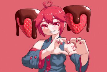 Rule 34 | 1girl, ahoge, chocolate, detached sleeves, drill hair, food, food-themed hair, fruit, grey shirt, hashtag-only commentary, heart, heart ahoge, heart hands, highres, kanbaru mitsuki, kasane teto, kasane teto (utau), long sleeves, looking at viewer, nail polish, own hands together, red eyes, red hair, red nails, shirt, sleeveless, sleeveless shirt, smile, solo, strawberry, twin drills, upper body, utau