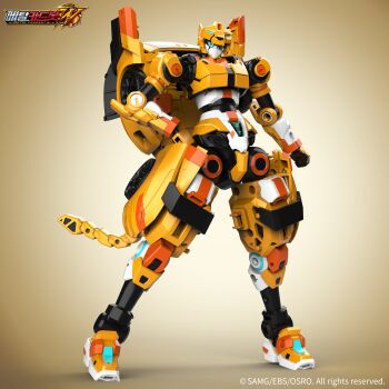 3d animal_ears armor car cat_ears cheetah cheetah_girl highres humanoid_robot mecha mecha_focus mechanical_arms mechanical_hands mechanical_head mechanical_legs mechanical_tail metal_cardbot motor_vehicle official_art official_style promotional_art robot tachy_(metal_cardbot) tail two-tone_armor wheel white_armor yellow_armor yellow_background