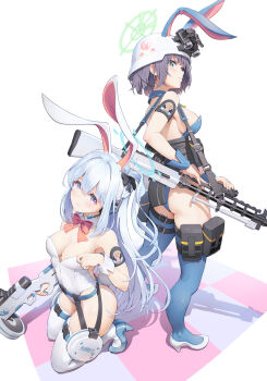 2girls animal_ears blue_archive blue_eyes blue_halo blush breasts combat_helmet green_halo gun halo helmet highres lahti-saloranta_m/26 long_hair looking_at_viewer medium_breasts miyako_(blue_archive) multiple_girls night_vision_device pinakes playboy_bunny purple_eyes purple_hair rabbit_ears saki_(blue_archive) short_hair stahlhelm submachine_gun suomi_kp/-31 weapon white_hair
