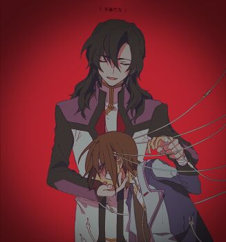 2boys bandaged_hand bandages black_hair brown_hair closed_eyes commentary_request facing_viewer gilbert_durandal gundam gundam_seed gundam_seed_destiny hand_on_another's_chin holding_another's_wrist kira_yamato lapels leaning_forward long_hair male_focus multiple_boys open_mouth red_background seed0x0 short_hair simple_background smile