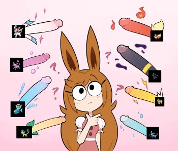 1girl ? absurdres bad_id bad_twitter_id brown_hair candyevie colored_skin disembodied_penis dress eevee electricity espeon fire flareon gen_1_pokemon gen_2_pokemon gen_4_pokemon gen_6_pokemon glaceon highres ice jolteon kemonomimi_mode large_penis leaf leafeon long_hair miscon nintendo penis pokemon raised_eyebrow solo sylveon thinking umbreon uncensored vaporeon water white_background white_skin