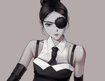 1girl black_gloves black_hair black_necktie closed_mouth collared_shirt commentary elbow_gloves eyepatch eyeshadow gloves hair_bun highres k-pop kim_lip looking_at_viewer loona_(group) makeup necktie real_life shirt simple_background solo upper_body yori_(yooo_ri)