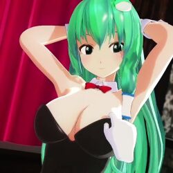 1boy 1girl 3d animated armpits arms_behind_head bouncing_breasts breasts breasts_out cleavage green_eyes green_hair highres kochiya_sanae large_breasts leotard leotard_pull looking_at_viewer mofumoko5 naughty_face open_mouth pasties playboy_bunny pov pulling_another&#039;s_clothes rabbit_ears smile tagme teasing touhou video
