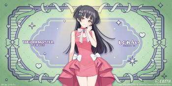 1girl black_hair bow dress earrings english_text hair_bow heart idolmaster idolmaster_shiny_colors japanese_text jewelry mayuzumi_fuyuko official_art orange_eyes promotional_art solo spotlight twintails