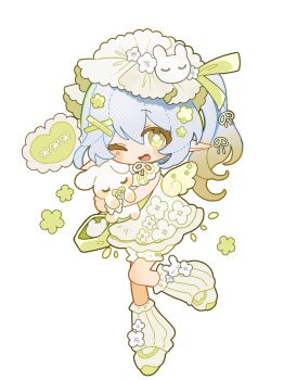 1girl alternate_costume angel_wings bag bloomers blush bright_pupils casual clothing_request colored_tips contemporary cross-shaped_pupils dress eyelashes flower full_body genshin_impact green_bag green_dress green_eyes green_flower green_hair green_hat green_leg_warmers green_ribbon green_shoes hair_flower hair_ornament handbag hat hat_ribbon highres holding holding_stuffed_toy kingyo_(nyankomanjyuu15) layered_dress leg_warmers long_hair looking_at_viewer multicolored_hair nahida_(genshin_impact) one_eye_closed open_mouth pacifier pointy_ears rabbit rabbit_ornament ribbon shoes side_ponytail sidelocks solo stuffed_animal stuffed_toy symbol-shaped_pupils tareme underwear white_background white_bloomers white_hair white_pupils wing_ornament wings x_hair_ornament