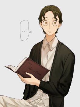 ... 1boy absurdres black_jacket book brown_eyes brown_hair collared_shirt demetrius_desmond ducartoon grey_background highres holding holding_book jacket looking_at_viewer open_book open_clothes open_jacket pants shirt simple_background solo speech_bubble spy_x_family white_pants white_shirt