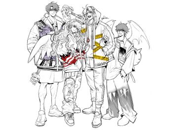 Rule 34 | 1girl, 3boys, abyssal black flame dragon (omniscient reader's viewpoint), backpack, bag, biyoo (omniscient reader's viewpoint), character charm, charm (object), clenched teeth, collared shirt, commentary, dalchi09, dragon wings, english commentary, eyepatch, feathered wings, full body, halo, hand in pocket, hand up, hands in pockets, head tilt, hood, hood up, hoodie, jacket, korean text, long hair, looking at viewer, multiple boys, omniscient reader's viewpoint, over shoulder, partially colored, print jacket, secretive plotter, shirt, shoes, shorts, shoulder bag, sneakers, standing, striped clothes, striped jacket, sun wukong (omniscient reader's viewpoint), symbol-only commentary, teeth, translation request, uriel (omniscient reader's viewpoint), very long hair, wavy hair, weapon, weapon over shoulder, white wings, wide-leg pants, wings, yoo joonghyuk