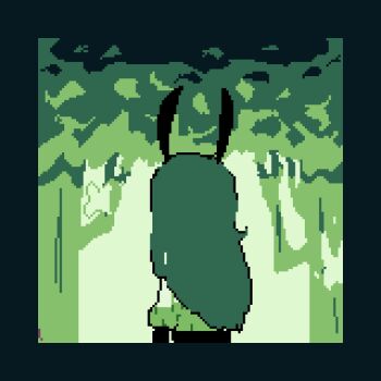 1girl androgynous animated animated_gif antennae black_pants border bug butterfly commentary dweller's_empty_path english_commentary green_theme insect long_hair looking_back monochrome outdoors pants pixel_art scarf shammah short_sleeves solo tree yoki_(dweller's_empty_path) zooming_in