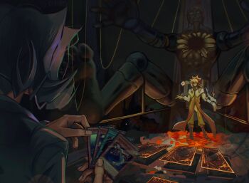 2boys battle behind_another black_background black_boots blonde_hair boots card cerakuro coat crack_of_light duel_disk duel_monster facing_another full_body hair_slicked_back highres holding holding_card indoors iv_(yu-gi-oh!) kamishiro_ryouga looking_at_another looking_at_hands multiple_boys number_15_gimmick_puppet_giant_grinder outstretched_arms pants parted_bangs puppet puppet_strings purple_coat purple_hair spotlight spread_legs table tailcoat tunic upper_body white_pants yellow_coat yellow_tunic yu-gi-oh! yu-gi-oh!_zexal