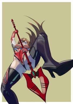 1girl absurdres adapted_costume alternate_costume artist_request ass_press between_buttocks brown_hair foreshortening from_below highleg highleg_leotard highres holding holding_weapon impossible_clothes impossible_leotard lance_of_cassius leotard looking_at_viewer neon_genesis_evangelion official_alternate_costume open_mouth polearm rebuild_of_evangelion revealing_clothes shiny_clothes signature skindentation smile souryuu_asuka_langley standing thong_leotard weapon wide_hips