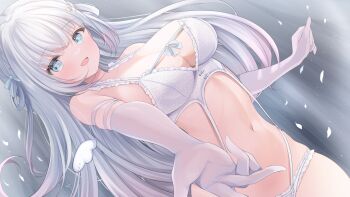 1girl :d bare_shoulders blue_eyes blush bra breasts cleavage commentary_request commission curvy detached_wings dutch_angle elbow_gloves falling_petals frilled_bra frilled_panties frills gloves gradient_hair hair_ribbon indie_virtual_youtuber kurage_cc large_breasts light_particles looking_at_viewer mini_wings multicolored_hair navel offering_hand open_mouth panties petals ribbon shiroha_nemu sidelocks skeb_commission smile solo stomach underwear virtual_youtuber white_bra white_gloves white_hair white_panties wings