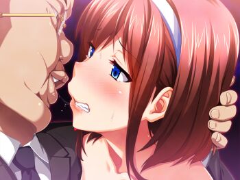 1boy 1girl after_kiss age_difference asaoka_genzo big_nose black_background black_jacket black_necktie blue_eyes blush brown_hair clenched_teeth clothed_male_nude_female collarbone collared_shirt embarrassed eye_contact fat fat_man from_side game_cg glasses hair_between_eyes hairband half-closed_eyes hand_in_another&#039;s_hair hetero highres hinomoto_koharu jacket kedamono-tachi_no_sumu_ie_de lapels looking_at_another medium_hair necktie nude old old_man older_male_and_younger_female pin-point portrait raised_eyebrows saliva saliva_trail shirt sidelocks simple_background suit_jacket takeda_hiromitsu tearing_up teeth thick_lips ugly_bastard white_hairband white_shirt worried wrinkled_skin
