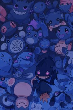 &gt;_&lt; banette blue_theme bluekomadori chimecho chinchou color_connection cubchoo fangs gen_1_pokemon gen_2_pokemon gen_3_pokemon gen_4_pokemon gen_5_pokemon gengar grin highres litwick marill mythical_pokemon nintendo no_humans omanyte phanpy phione piplup pokemon pokemon_(creature) poliwag poliwhirl riolu signature smile snorlax spheal squirtle stuffed_animal stuffed_toy tongue tongue_out toxicroak wavy_mouth wobbuffet wooper wynaut zipper_pull_tab
