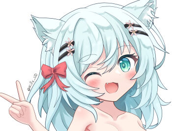 1girl :3 animal_ear_fluff animal_ears artist_name blue_hair blush bow breasts cat_ears cat_girl commentary_request fang green_eyes hair_bow hair_ornament hairclip hand_up highres long_hair looking_at_viewer medium_breasts one_eye_closed original parallel_hairclips red_bow signature sills simple_background smile solo v white_background